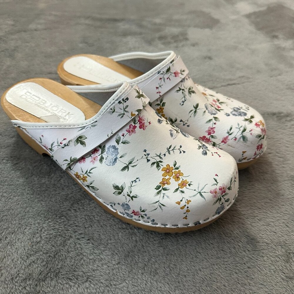 Bjork Swedish Slip On Clogs Mules Shoes Floral White Women's 42 US 10.5 11